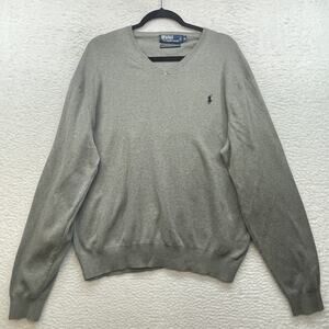 Polo Ralph Lauren Sweater Mens XL Gray V Neck Pima Cotton Pullover Classic